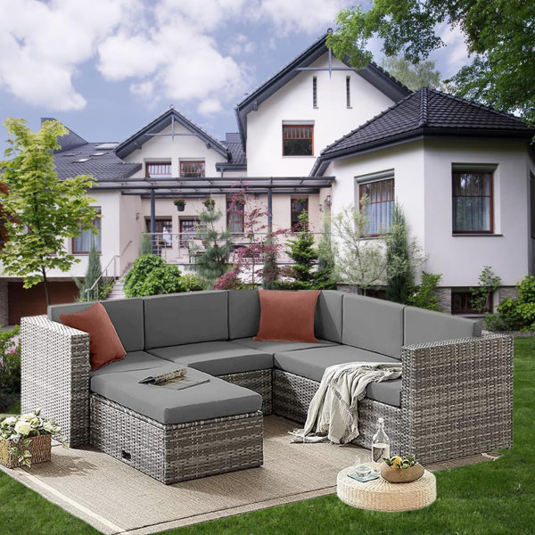17 Stories Monaco Grey 6 Seater Sectional Outdoor Rattan Garden